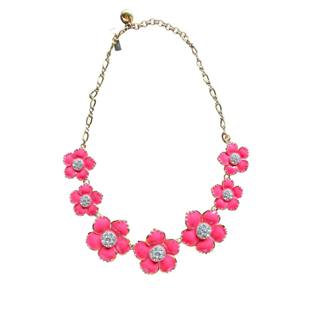 Kate Spade New York Pink Floral Crystal Statement Necklace Gold Tone 18”